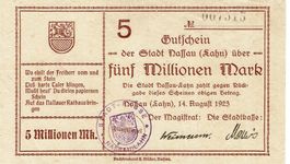 Nassau Lahn 5 Mil.Mark+Stempel blau 14.08.1923 VZ+-VZ++