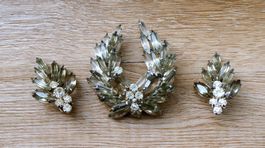 Antiker Navette Kranz Brosche Ohrringe Glas Schmuckset