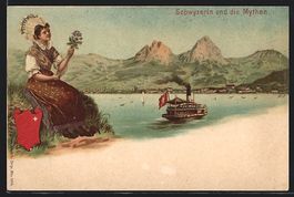 Litho Schwyzerin in Tracht und die Mythe