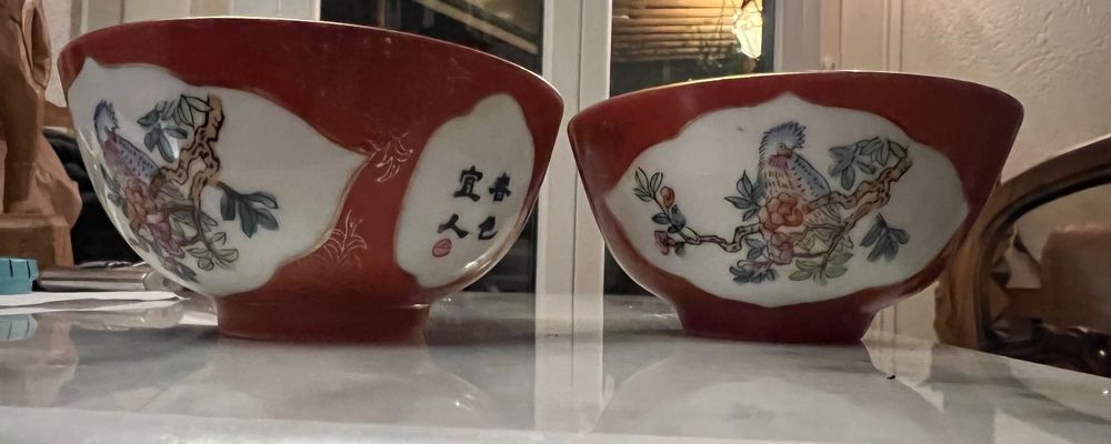 Lot De 6 Bols Porcelaine Décor Chinois Bleu + 6 Cuillères - Service Occasion Bon état