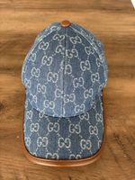 Gucci Baseball Cap Denim GG Monogramm braunes Leder – fast u