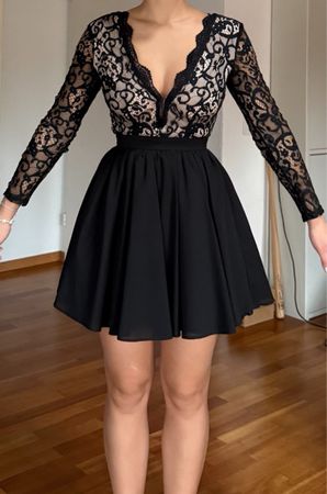 Chic Black Dress with Lace Sleeves, Size Small