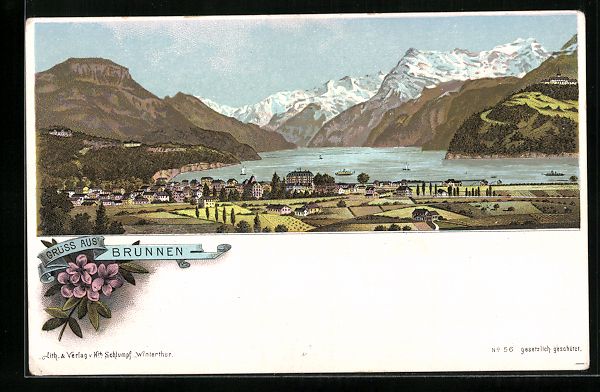 Cartoline postali: Litho Brunnen, Totalansicht mit See und  – Usato da Berlin venduto da bartko-reher