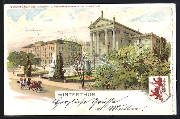 Cartoline postali: Litho Winterthur, Primarschulhaus, Wappe – Usato da Berlin venduto da bartko-reher