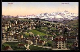 AK Herisau, Ortsansicht mit Viadukt und Säntis