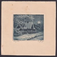 Stich Haus im Schnee bei Mondschein, Orig.Radierung signiert