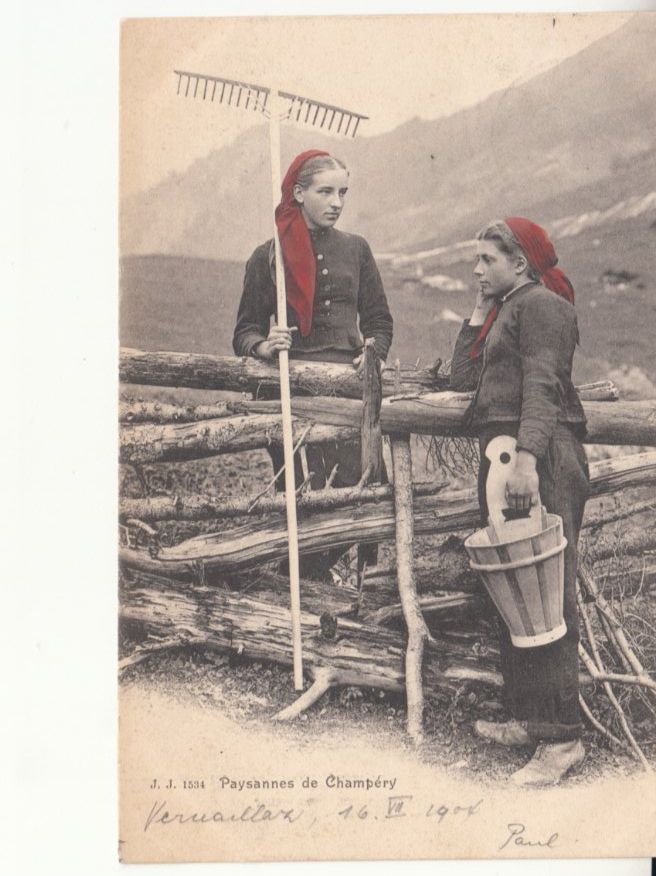 Cartoline postali: Champéry Paysannes 1904 mit ST Vernayaz – Usato da Bürglen TG venduto da StampGraf