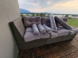 Garten Balkon Sofa Ecksofa Lounge 224cm+ graue Rattan kissen