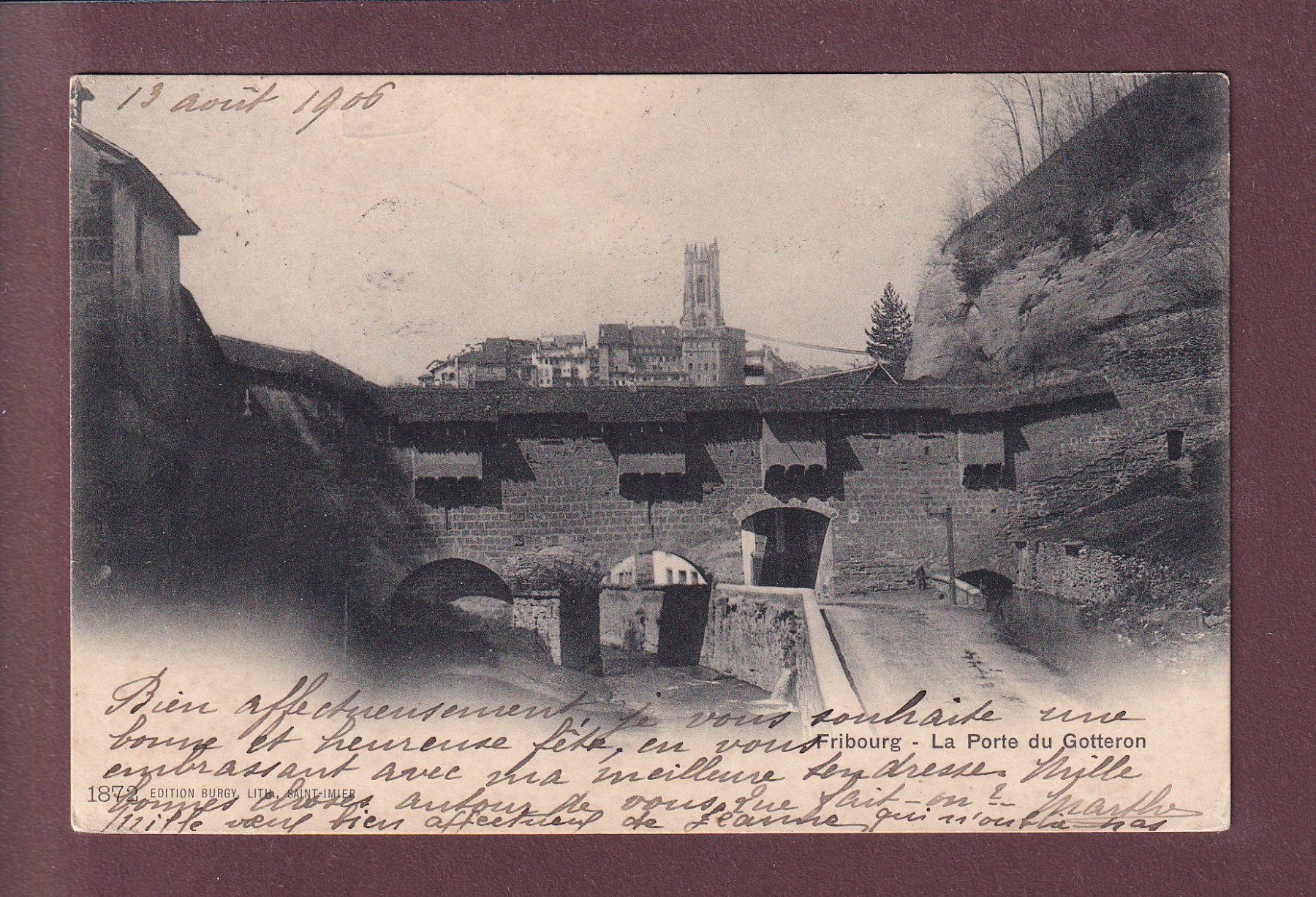 Cartoline postali: FRIBOURG - Porte du Gotteron - 1906 – Usato da Pully venduto da nicecards