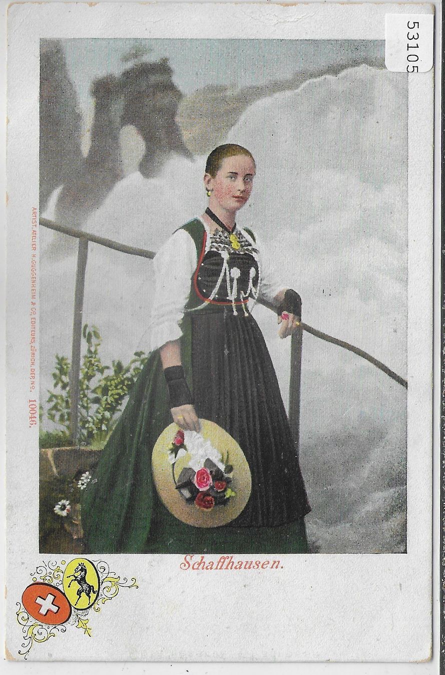 Cartoline postali: Schaffhausen - Tracht mit Rheinfall – Usato da Ettingen venduto da Kartenplanet