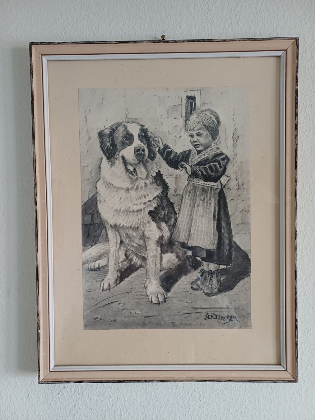 Tableaux: Gemälde Bernhardiner Hund mit kleinen Mädchen Technik mixte – D'occasion à Marly par Rolmax