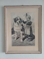 Gemälde Bernhardiner Hund mit kleinen Mädchen Technik mixte