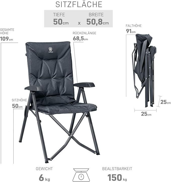 Portal Campingstuhl Faltbar – 3-fach Verstellbar, Bis 160 Kg, Mit Nackenkissen & Tragetasche
