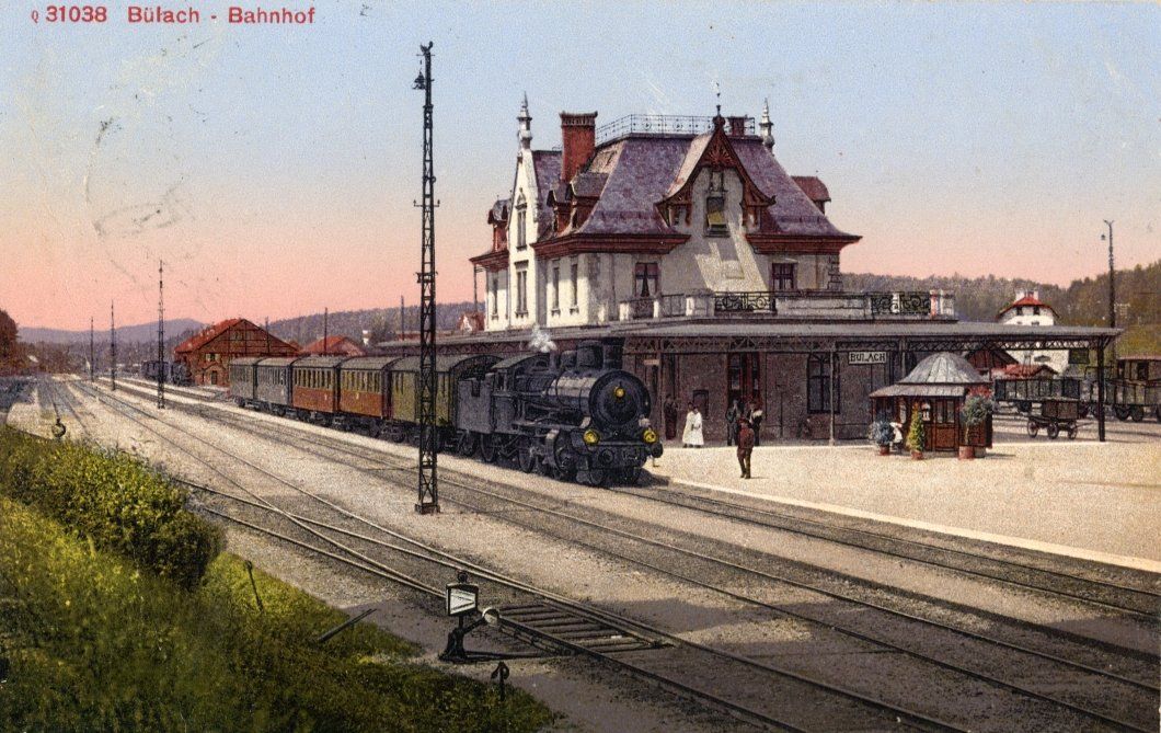 Cartoline postali: Bülach  ZH   -   Bahnhof  /  Dampfeisen-Bahn        um 1912 – Usato da Brig venduto da Valcards54
