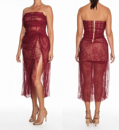 Ayu Strapless Burgundi Lace & Tulle Midi Dress – Size 38 – B