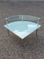 Tisch Glas hellblau mit Glasplatte abgerundet Metallfuss