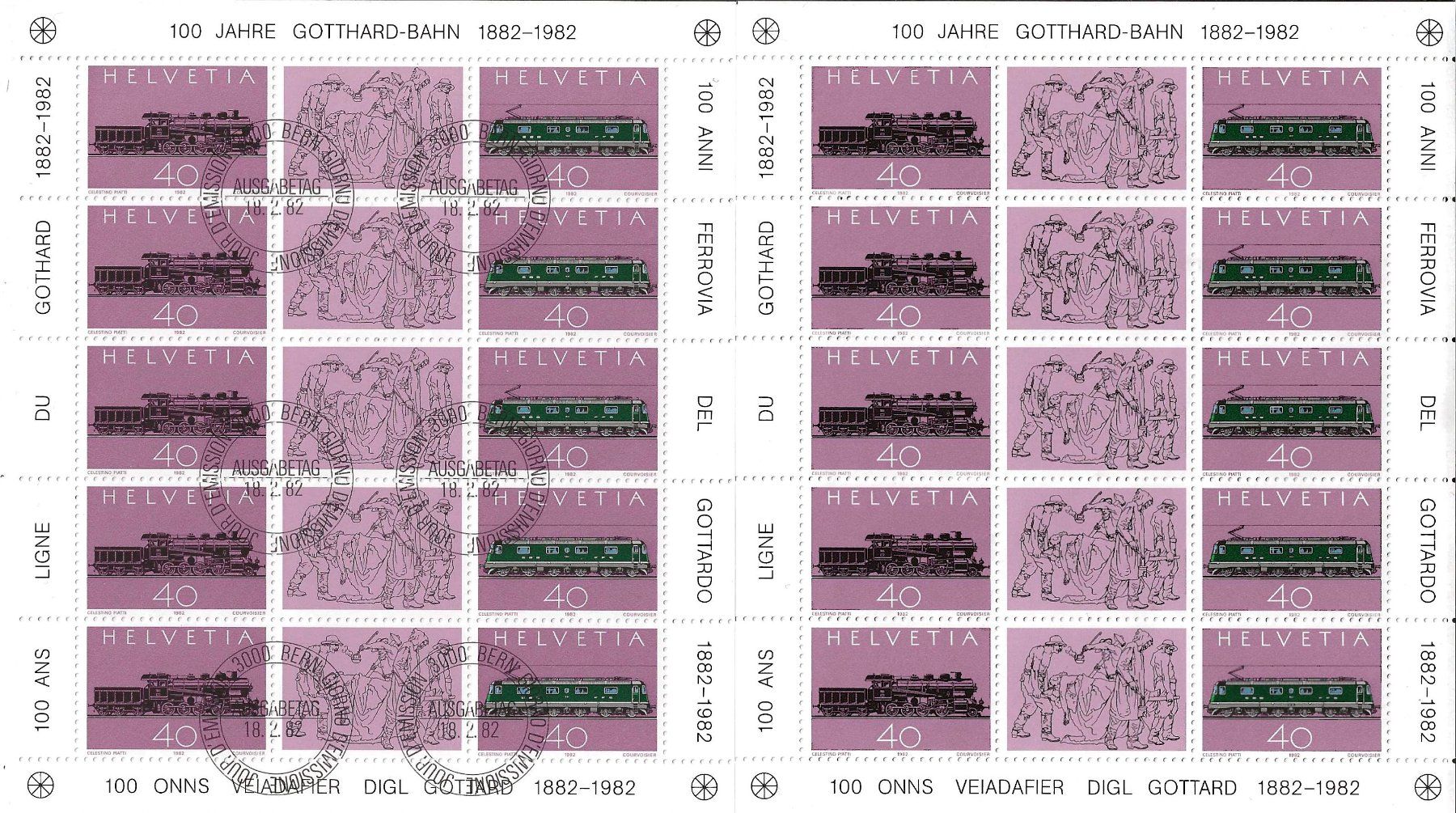 Tutti i francobolli: 2 Kleinbogen 100 Jahre Gotthardbahn 1982 – Usato da Zürich venduto da Philacat11