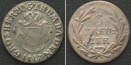 BADEN 3 Kreuzer 1817 CARL LUDWIG FRIEDRICH Billon ss+
