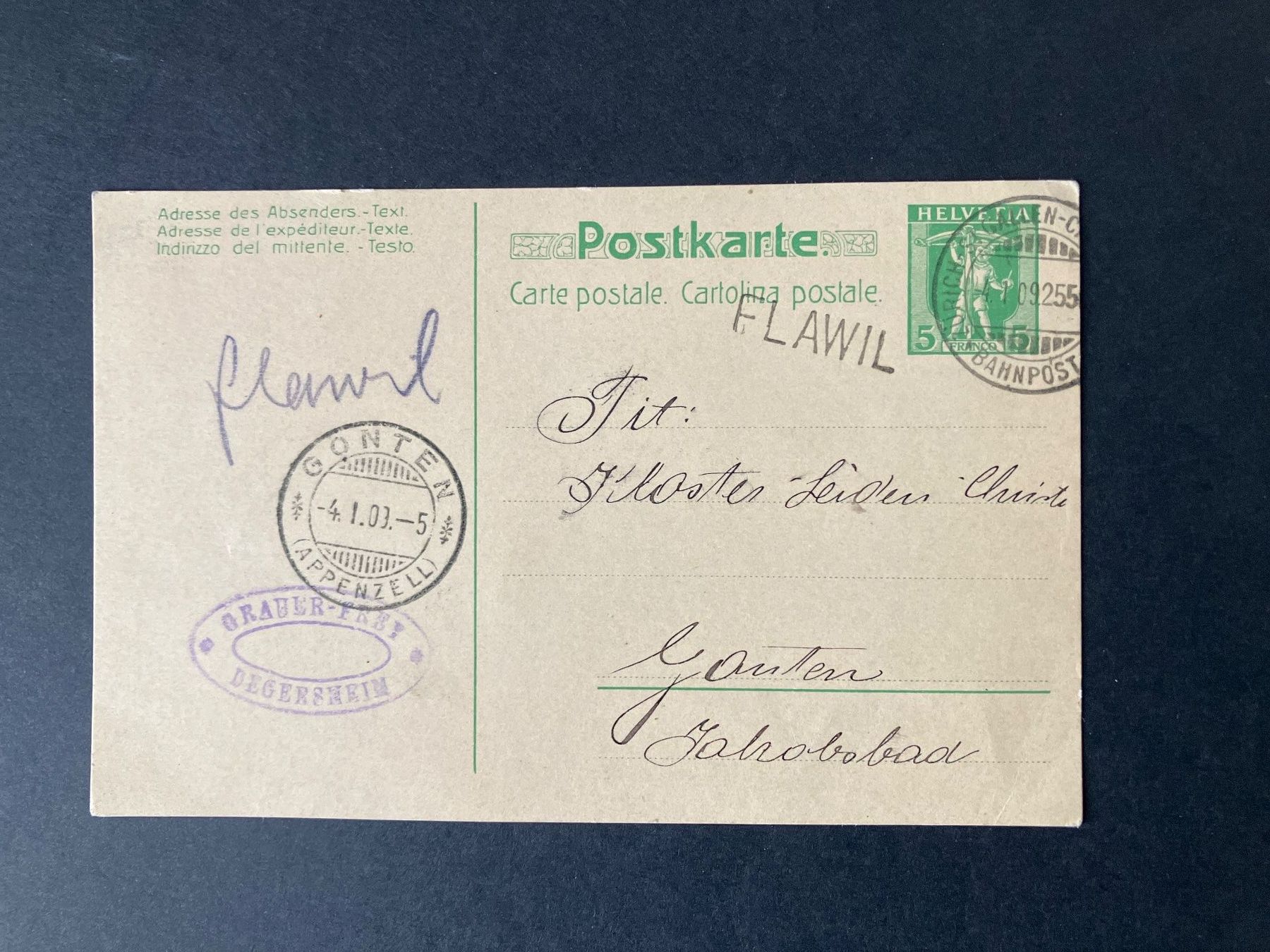Tutti i francobolli: Postkarte 1909 mit Stabstempel Flawil – Usato da Baar venduto da Ramona10