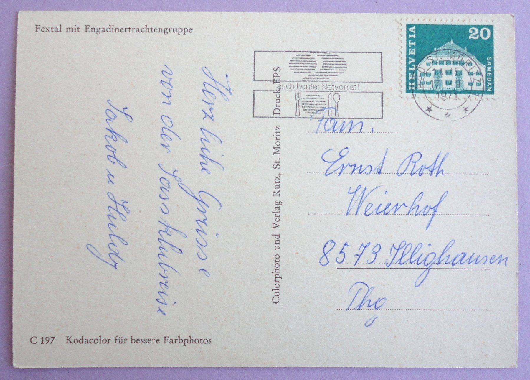 Cartoline postali: Fextal mit Engadinertrachtengruppe – Usato da Fétigny venduto da Billy2miny 1
