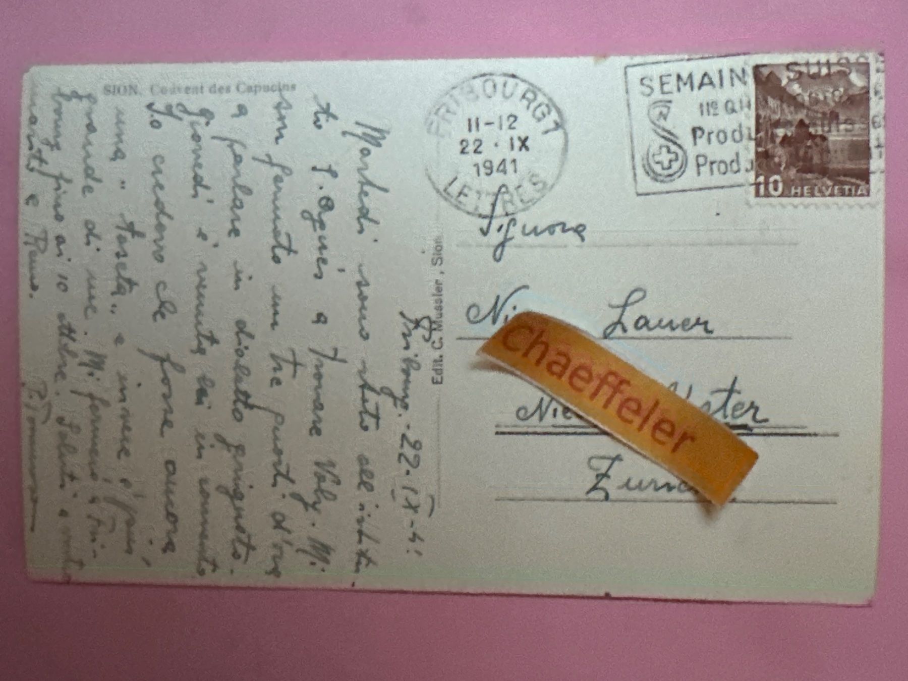 Ansichtskarten: 1941 Sion, Couvent des Capucins – Gebraucht aus Zürich von Chaeffeler 1