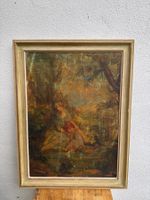 Tableau peint sur bois représentant une scène champêtre