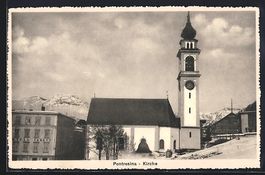 Pontresina, Kirche und Hotel Saratz im W
