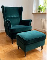 Ohrensessel mit Hocker – Samt dunkelgrün