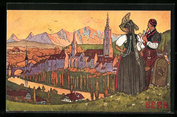 Cartoline postali: Bern, ein Ehepaar schaut auf die Stadt h – Usato da Berlin venduto da bartko-reher