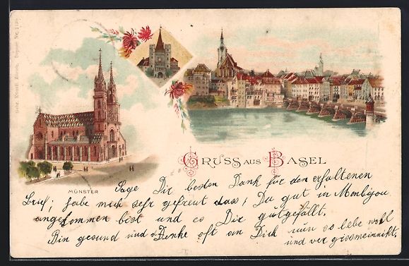 Cartoline postali: Litho Basel, Münster, Rheinbrücke, Blu – Usato da Berlin venduto da bartko-reher
