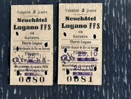 2 billets CFF Neuchâtel-Lugano via Kerzers de 1952