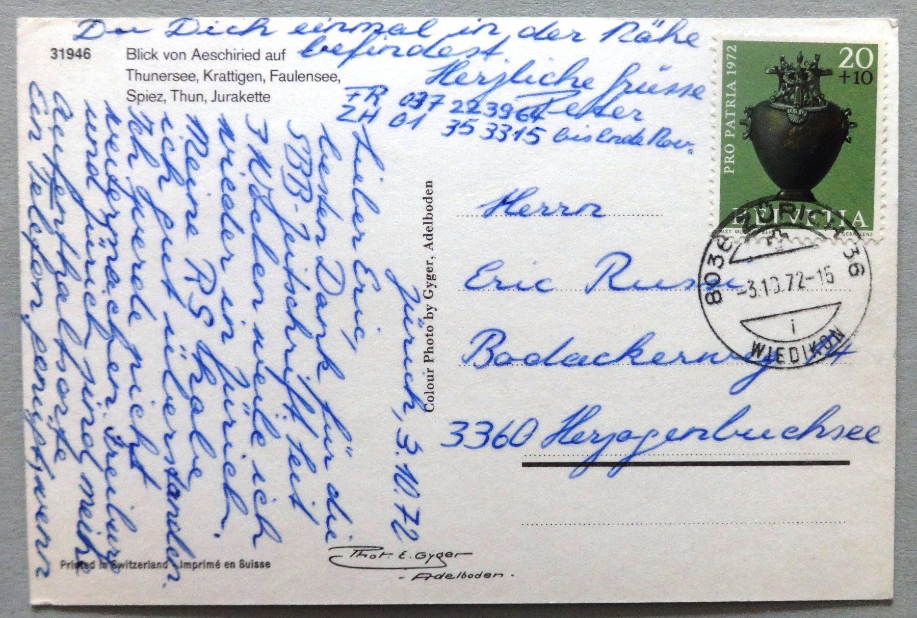 Cartoline postali: Blick von Aeschiried auf Thunersee – Usato da Fétigny venduto da Billy2miny 1