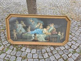Grosses Bild mit Engeln und Frau im Goldrahmen antik