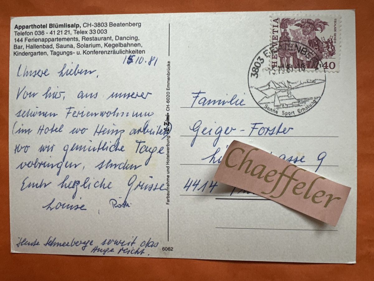 Cartes postales: Apparthotel Blumisalp Beatenberg 1981 – D'occasion à Zürich par Chaeffeler 1