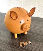 Vintage Sparschwein Kässeli aus Holz mit Schlüssel