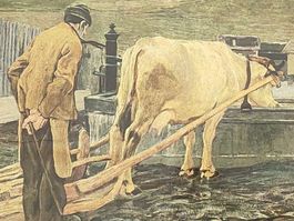 Bild Bauer mit Kuh am Brunnen, ländliche Idylle, Vintage