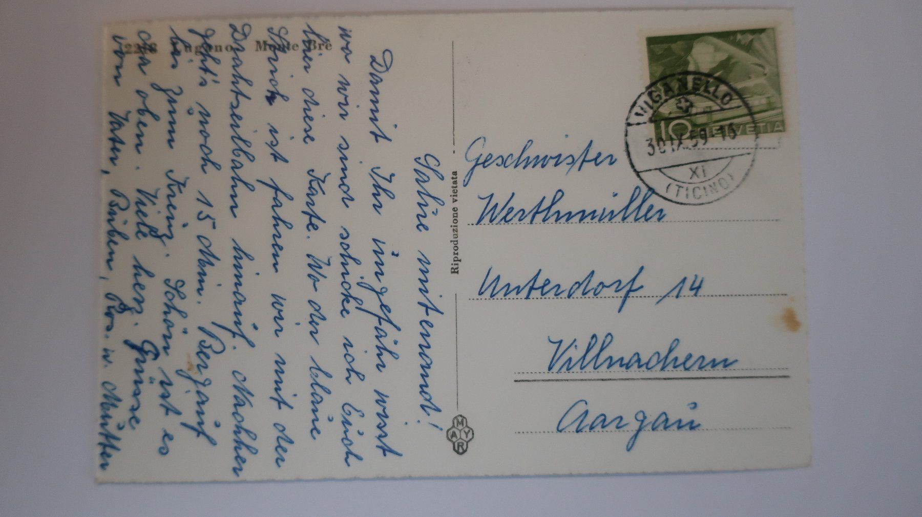 Ansichtskarten: Lugano Monte Bré 1959 – Gebraucht aus Cormoret von Pascalll2001 2
