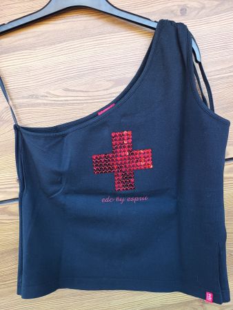 Débardeur noir croix sequins rouge, épaule dénudée edc by Es