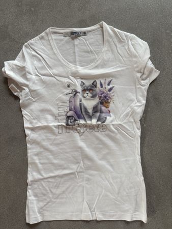 Shirt XS mit Katzen-Moped Motiv, Top Zustand!