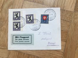 1925. Beleg mit Flugpost nach Basel. Frankiert mit PJ-Marken