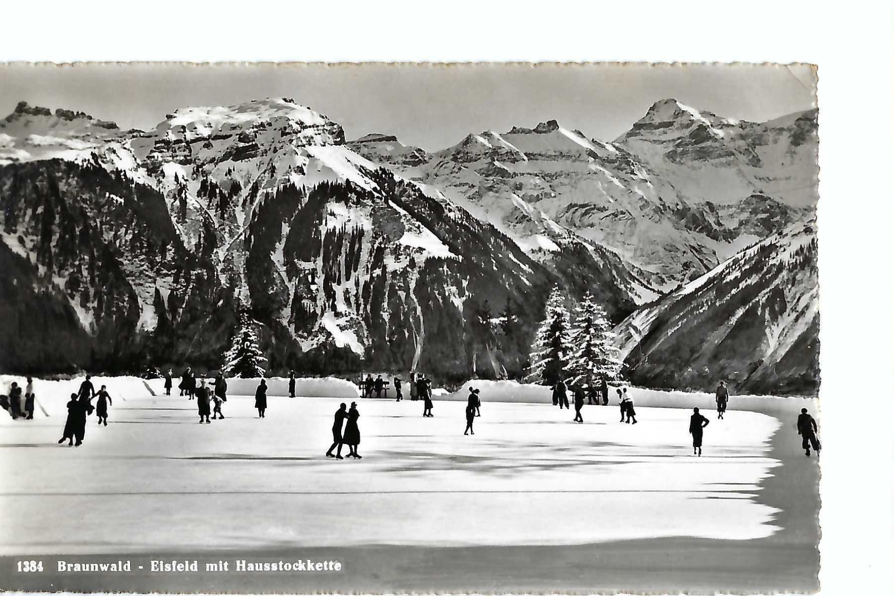 Cartes postales: Braunwald Elsfeld mit Eisläufern, Schnee, 1956 – D'occasion à Thun par 44wart