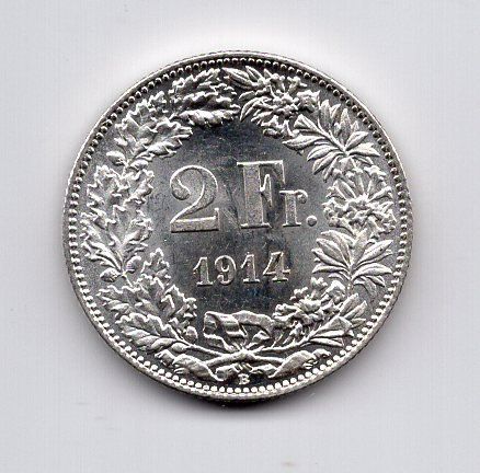 Tutti le monete: (2529) CH, 2 Franken 1914, Super, stgl – Usato da Rüthi (Rheintal) venduto da erdnuessli1