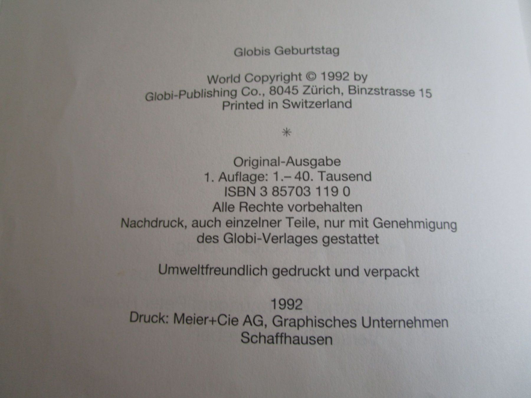 Libri: Globis Geburtstag, 1. Auflage 1992 – Usato da Binningen venduto da Oldfashion 1