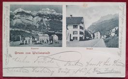 Gruss aus Wallenstadt 1902, 2 Ansichten - Kaserne, Strasse