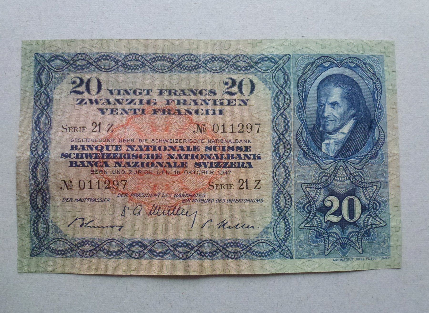 Banknoten: Schweiz ++ 20 Franken 1947 – Gebraucht aus Walkringen von Casablanca777