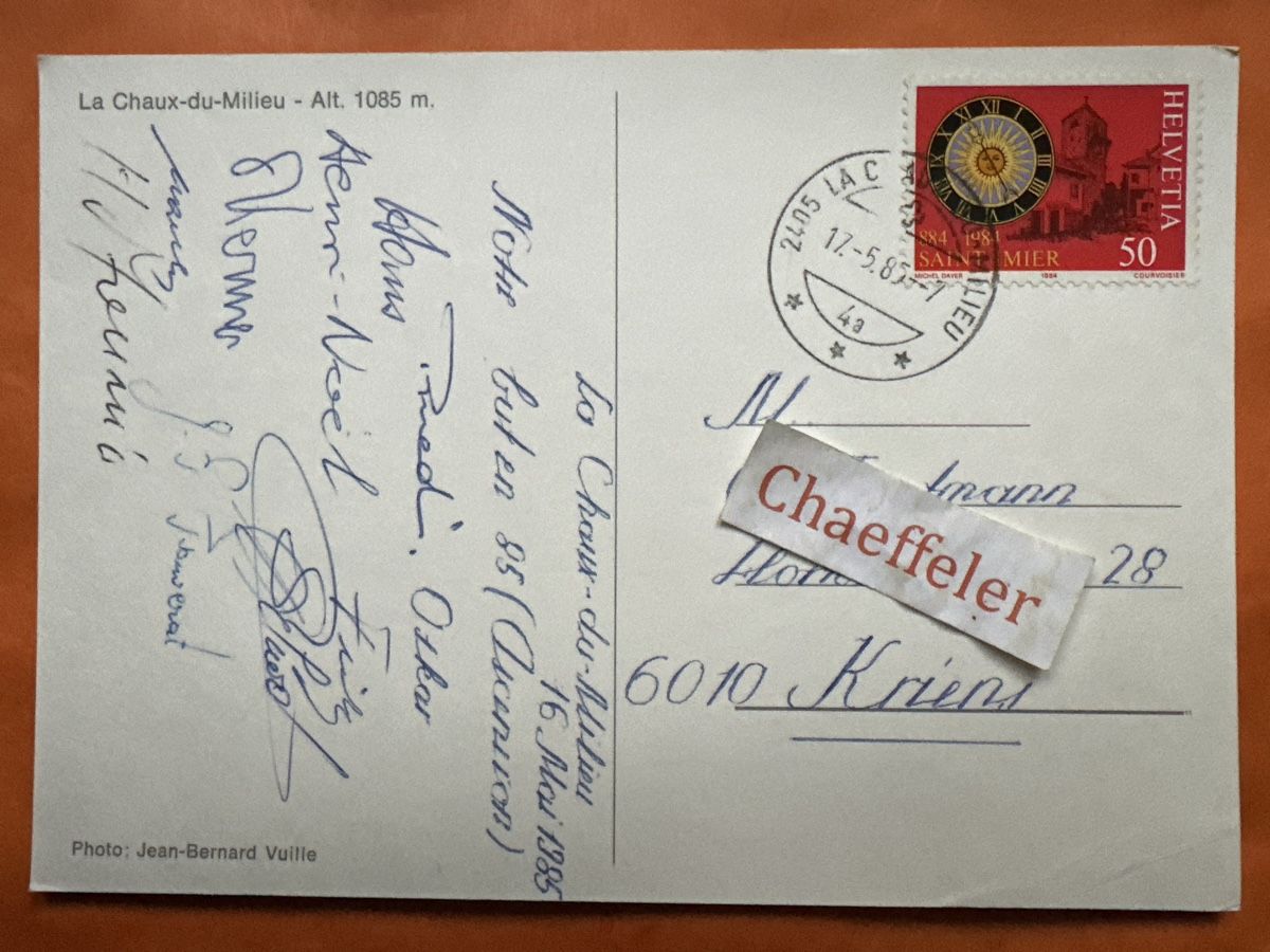 Cartoline postali: 1985 La Chaux-du-Milieu – Usato da Zürich venduto da Chaeffeler 1