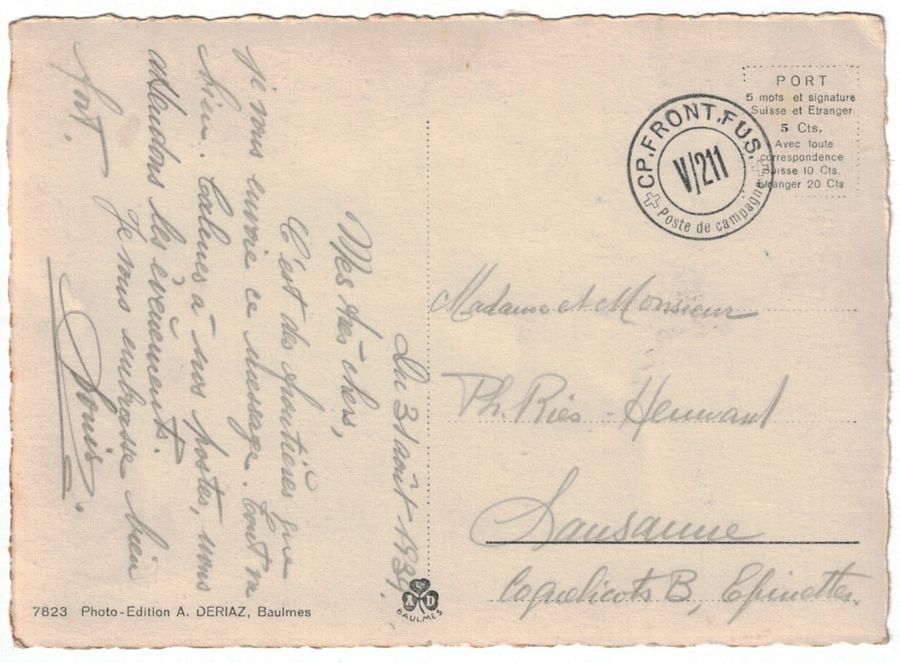 Cartoline postali: Alpes Bernoises, circ. 1939 poste camp. CP.FRONT.FUS. V/211 – Usato da Frauenfeld venduto da POML 1