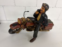 🏍️ VINTAGE GROSSE FIGUR DER HARLEY FAHRER, HOLZ, GUMMIRÄDER