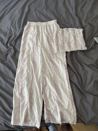 Ensemble pantalon et bandeau à rayures rose et blanc