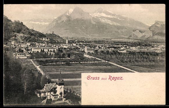 Cartoline postali: AK Ragaz, Ortsansicht mit Bergen – Usato da Berlin venduto da bartko-reher